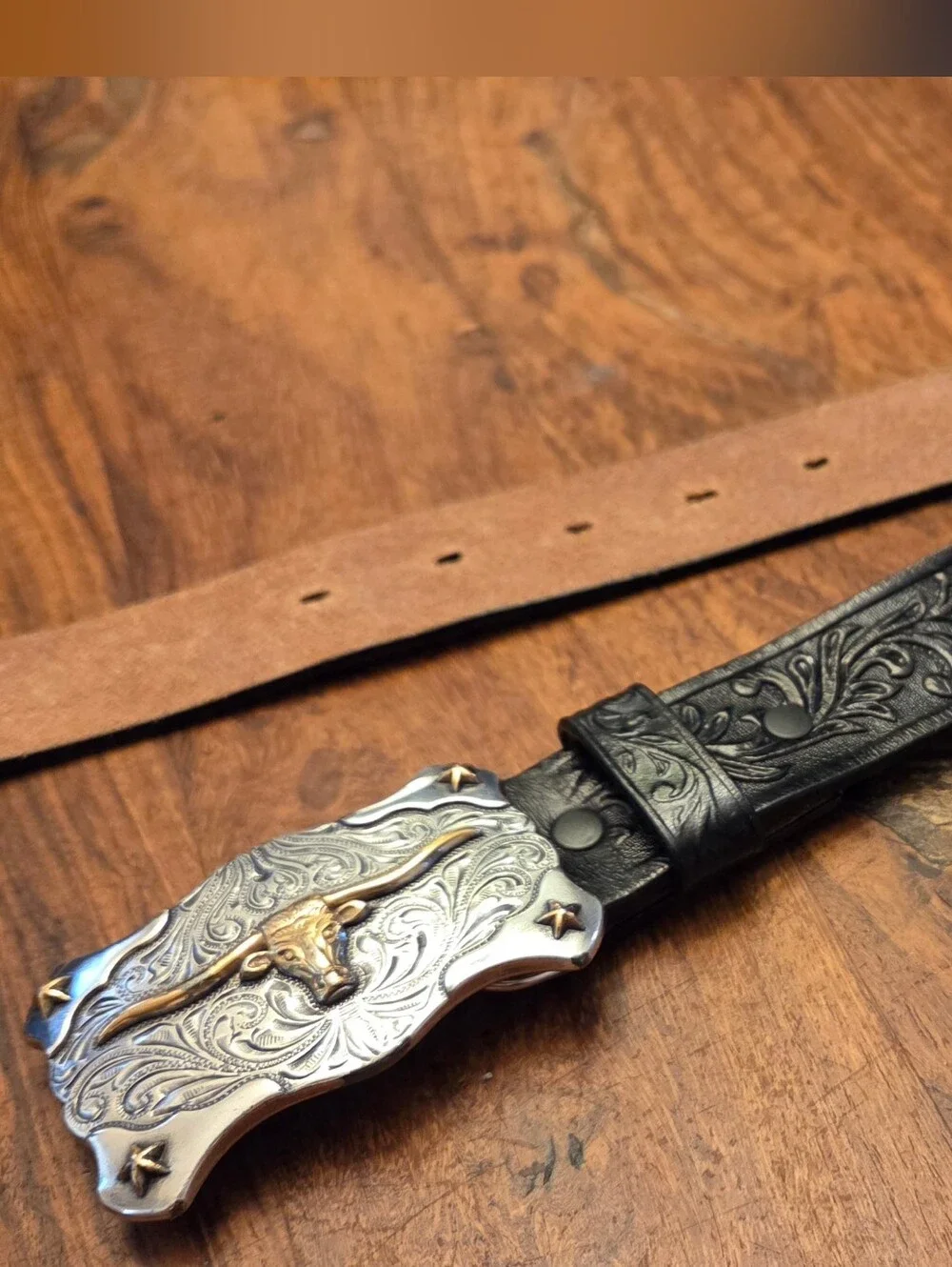 Tony Lama Kid's Leather Floral and Long Horn Belt With Buckle